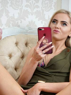 Hot blonde Lacey Taste whips out her phone while a man jerks off Porn Pics english 13